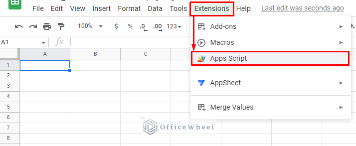 navigating to apps script from extensions for automatic timestamps google sheets